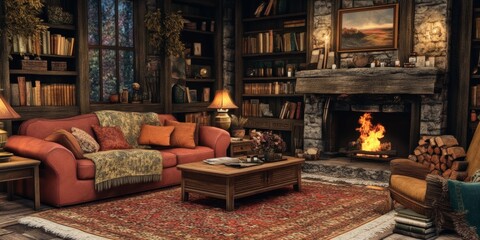 A living room with a fireplace and a couch. There are many books on the shelves. A painting is on the wall