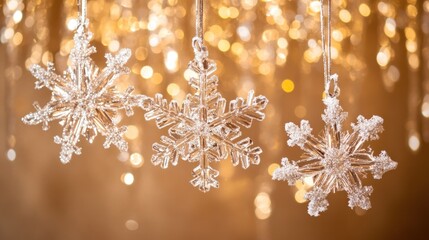 Three crystal snowflake ornaments hanging against a bokeh background.