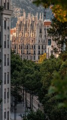 Naklejka premium Majestic Spanish Architecture Gothic Modernist Facades Cityscape View