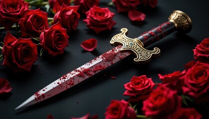 Ornate dagger decorated with intricate gold designs lies amid red roses on black background. Roses surround vintage knife with red powder. Artistic composition creates romantic vintage style.