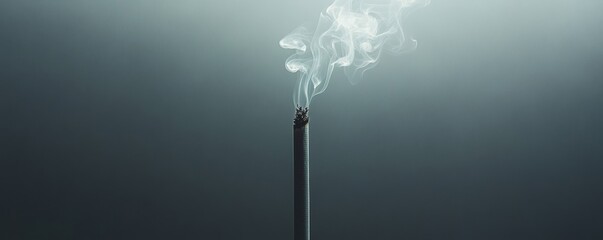 A close-up of an unlit cigarette with smoke rising from the tip, set against a plain gray background to highlight its details and texture. The cigarette is in sharp focus