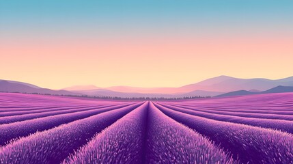 Naklejka premium Tranquil lavender fields under a clear daytime sky, with rows of purple flowers stretching to the horizon. Captures the tranquility and beauty of nature