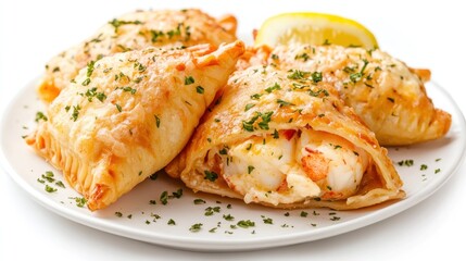 Delicious golden-brown shrimp pastries on a white plate, garnished with parsley and lemon.