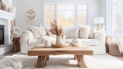 Fototapeta premium Cozy Scandinavian Minimalist Living Room with Natural Elements and Light Decor