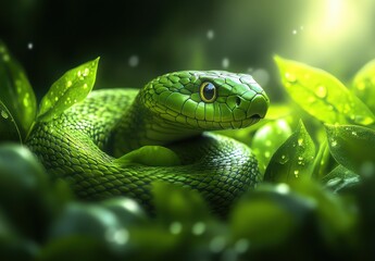 Fototapeta premium Beautiful Green Snake Nestled Among Lush Green Leaves with Glimmering Water Drops in a Serene Natural Environment Under Soft Light