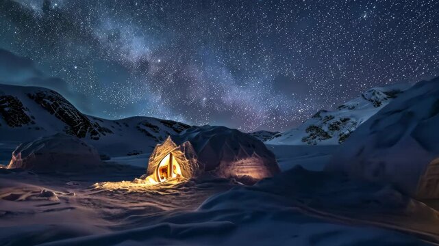 Two tents standing in the snowy landscape, creating a stark contrast against the white background, Igloo village lit up under a starry Arctic night