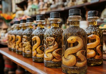 Fototapeta premium Bottles of Unique Snake Liquor Displayed on a Wooden Shelf in a Rustic Market with Intricate Designs and Vibrant Colors Capturing the Attention of Passersby