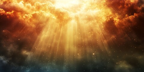 Naklejka premium A stunning display of ethereal light beams piercing through vibrant clouds, creating a captivating sky landscape. The dramatic atmosphere captures serenity and beauty.