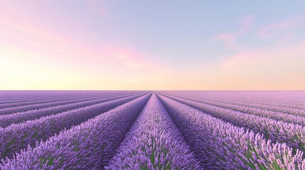 Obraz premium Tranquil lavender fields under a clear daytime sky, with rows of purple flowers stretching to the horizon. Captures the tranquility and beauty of nature