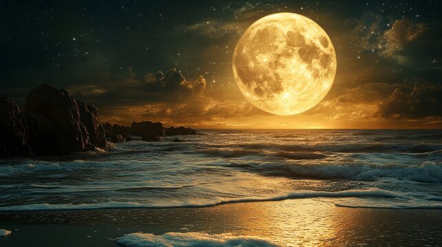 Huge full moon over ocean waves at night. - Powered by Adobe