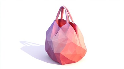 Obraz premium A pink bag with a red handle sits on a white background. The bag is made of a unique material that gives it a three-dimensional appearance. The colors of the bag