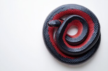 Obraz premium Captivating Close-Up of a Red and Black Coiled Snake on White Background, Showcasing Unique Texture and Color Patterns for Nature and Wildlife Photography