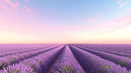 Naklejka premium Tranquil lavender fields under a clear daytime sky, with rows of purple flowers stretching to the horizon. Captures the tranquility and beauty of nature