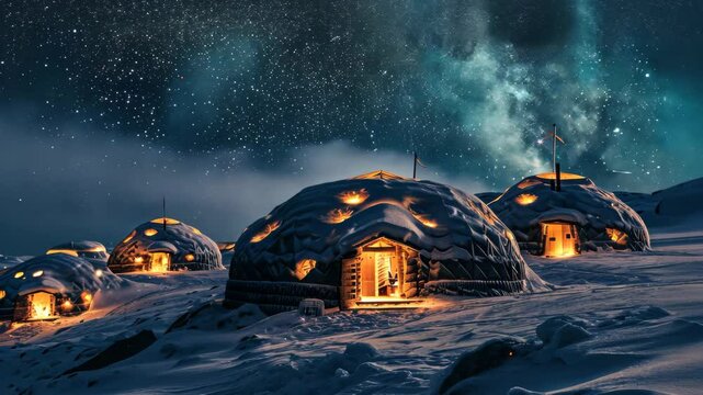A collection of huts clustered together on the top of a hill covered in snow, Igloo village lit up under a starry Arctic night