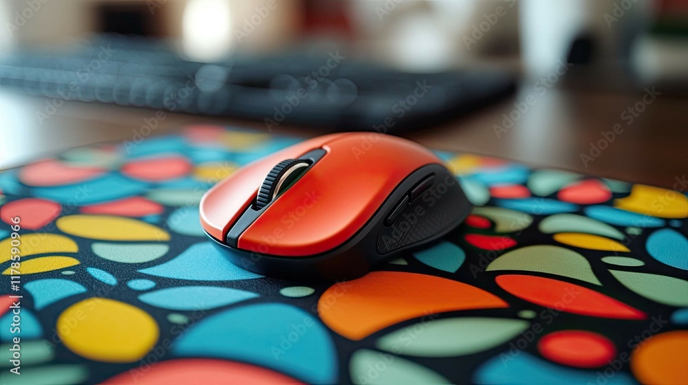 Poster a mouse with a comfortable design sitting on a mousepad with a colorful pattern.