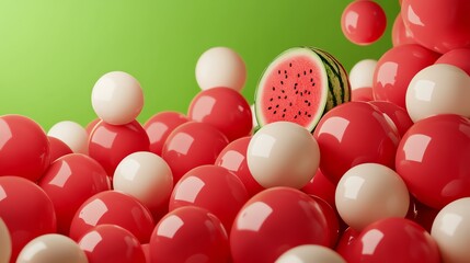 Obraz premium A vibrant arrangement of red and white spheres, with a slice of watermelon, set against a green background, creating a playful, colorful scene.