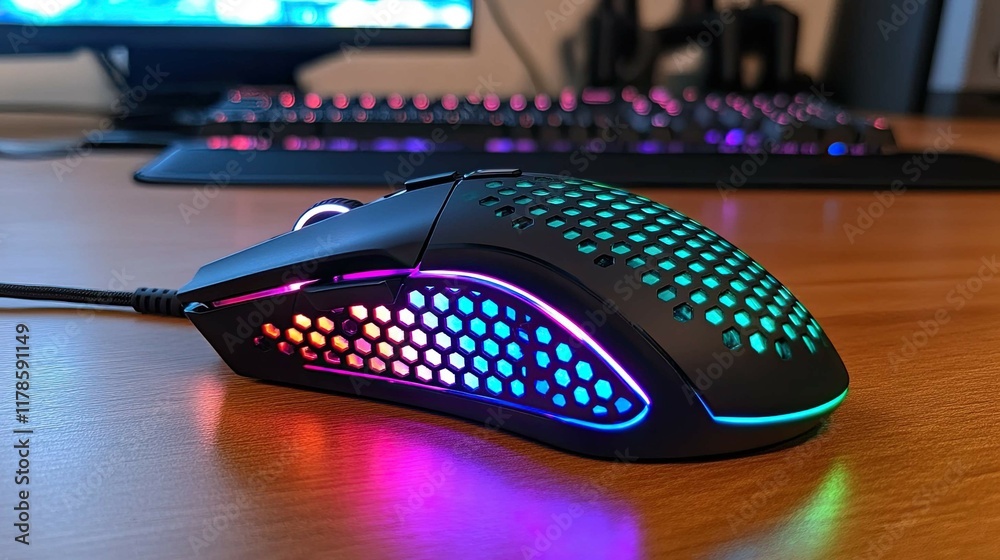 Poster a mouse with a customizable rgb lighting system on a computer desk