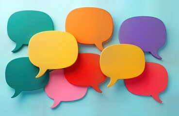 Colorful speech bubbles illustrate linguistic diversity. Many colorful speech bubbles overlap. Represent global communication. Conversation, dialogue between different cultures. Image shows