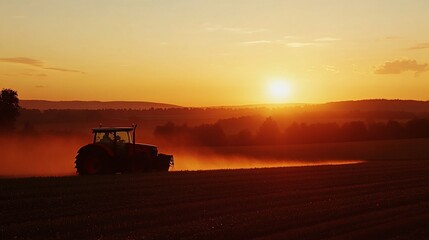 Fototapeta premium Tractor working field sunset.