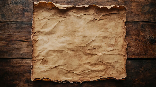 A worn and creased sheet of old paper, placed on an antique wooden table with a rich brown wood grain, conveying a sense of historical journey or mystery.