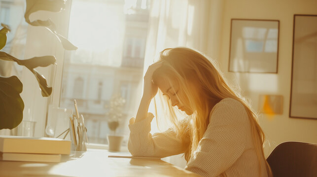 明るい朝日が差し込む白い部屋で頭を抱えている　頭痛・体調が悪い金髪の座っている女性