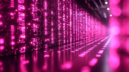 Abstract pink digital data stream flowing in a futuristic corridor.