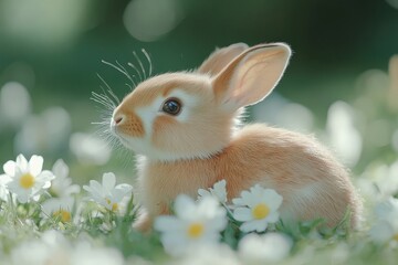 Fototapeta premium Side view of a small brown rabbit sitting in the grass, a high - quality, high - detail photo with soft focus, natural light, green background and white flowers.