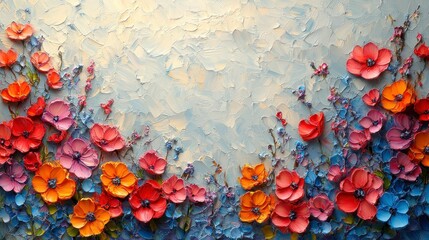 Impasto floral painting with red, orange, and blue flowers on textured background.