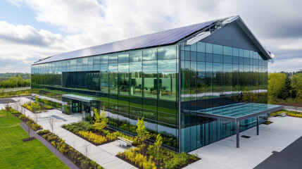 Obraz premium Modern office building with green glass facade and solar panels, surrounded by landscaped gardens and pathways, showcasing sustainable architecture and design