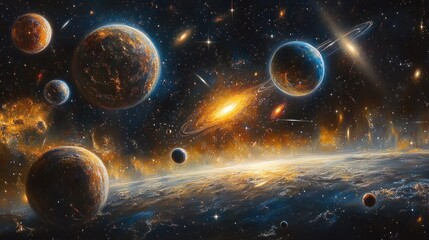 Obraz premium A vibrant cosmic scene featuring planets, stars, and galaxies in a vast universe.