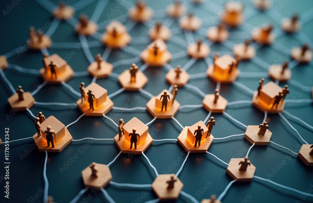 Wall mural miniature figures representing employees connected via network of lines. interact in groups around g