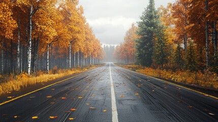 Obraz premium An Autumn Road Trip with Colorful Autumn Trees Along the Highway