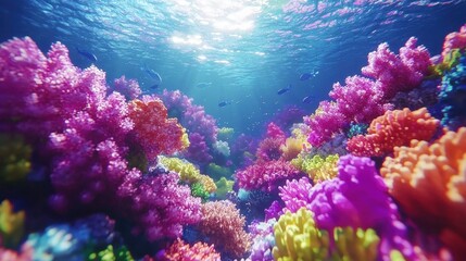 Obraz premium A serene coral reef glowing softly in hues of pink and turquoise. Ethereal sea dragons glide gracefully through the vibrant coral, leaving shimmering trails of light as they weave through the 