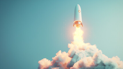 Naklejka premium Rocket blasting off with fiery exhaust and clouds of smoke against a clear sky