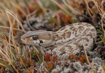 Fototapeta premium Close-up of a Serpentine Creature on Natural Ground, Showing Intricate Patterns and Textures in a Natural Habitat Setting with Blurred Background Elements