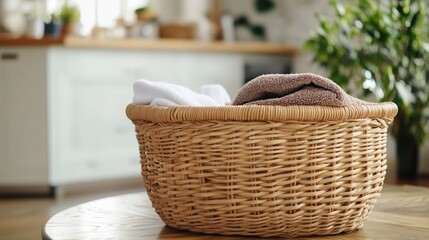 Fototapeta premium Laundry basket with towels on wooden table in kitchen.