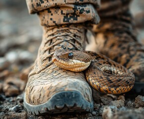 Naklejka premium Close-Up of a Snake Coiled Around a Soldier's Boot in a Rugged Environment, Showcasing Wildlife Interaction with Military Gear in Natural Setting