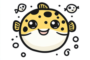 Obraz premium Cute cartoon pufferfish with happy expression and bubbles
