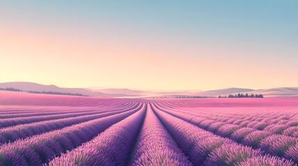 Tranquil lavender fields under a clear daytime sky, with rows of purple flowers stretching to the horizon. Captures the tranquility and beauty of nature