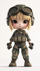Naklejka premium 3D, Military, A cute little girl in military gear, with blonde hair and bangs, wearing goggles on her head.