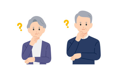 疑問･考えるポーズをするシニア男女･老夫婦のセット【人物ベクターイラスト素材】