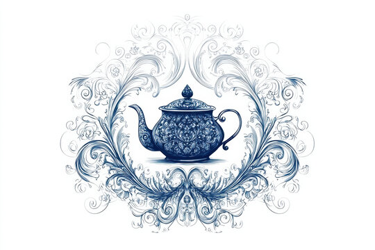 vintage tea pot illustration with intricate floral designs and swirls