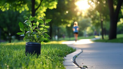 Young tree sapling in park, runner in background, sunny day.