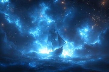 A sailing ship navigates a celestial sea at night