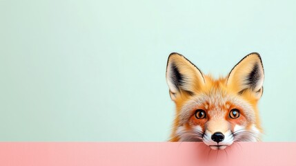 Fototapeta premium Adorable Red Fox Peeking Over Pink Edge with Fluffy Ears and Bright Eyes on Pastel Green Background