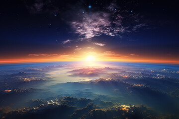 Fototapeta premium Exceptional Panoramic view on planet Earth globe from space with rising sun