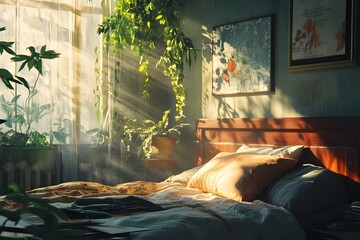 Cozy bedroom with sunlight, plants, and a serene atmosphere.