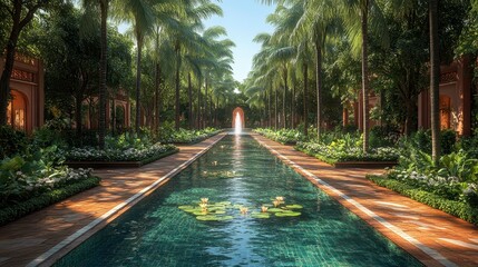 Tropical paradise garden with long pool and palm trees.