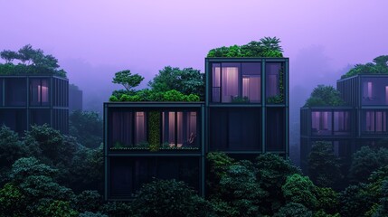 A modern architectural design featuring eco-friendly homes surrounded by lush greenery in a serene, misty environment.