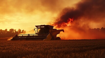 Naklejka premium Combine harvester working in wheat field at sunset, dust and smoke.